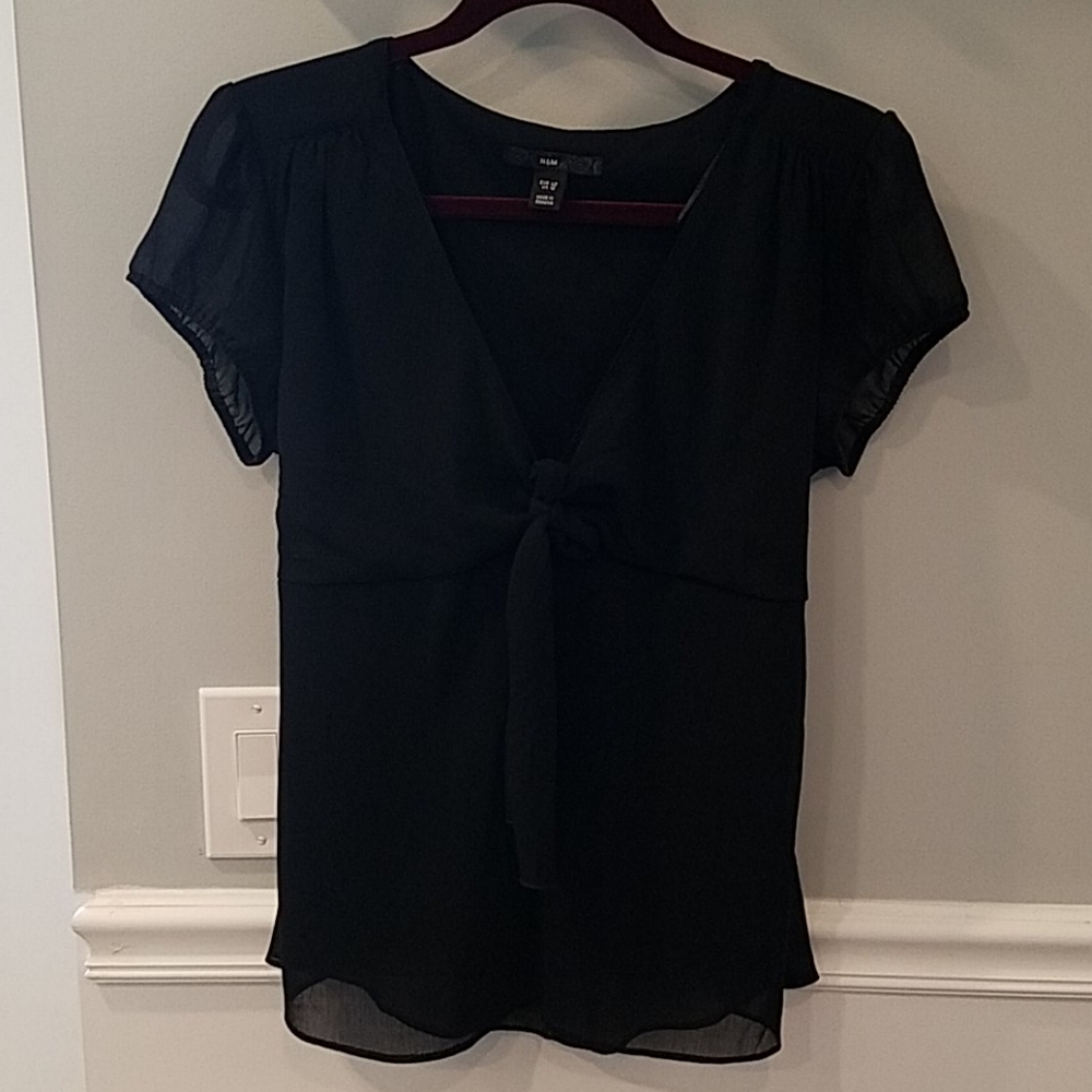 H&M Black Blouse w/ Bow Tie and Sheer Sleeves